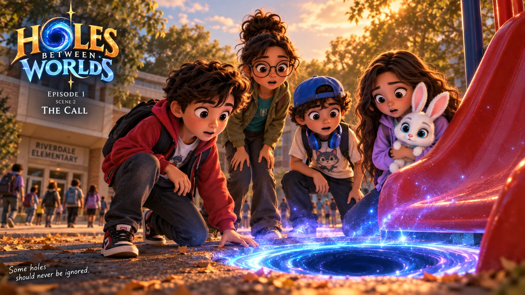 The children kneel around the glowing Hole