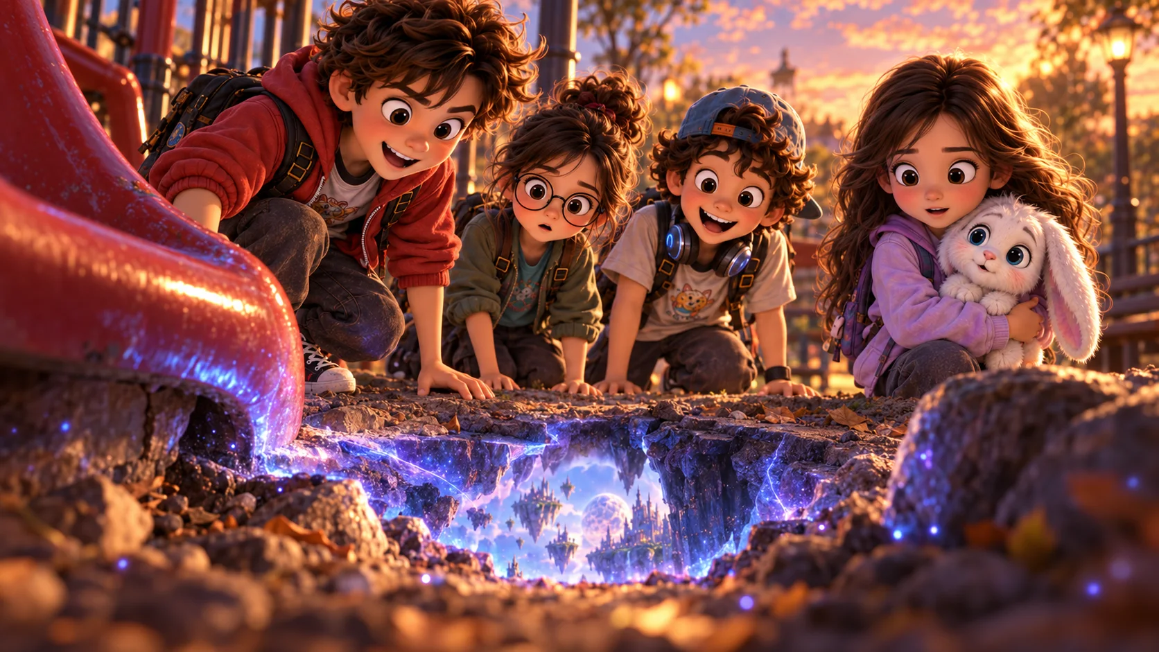 The four children looking down into an open Hole